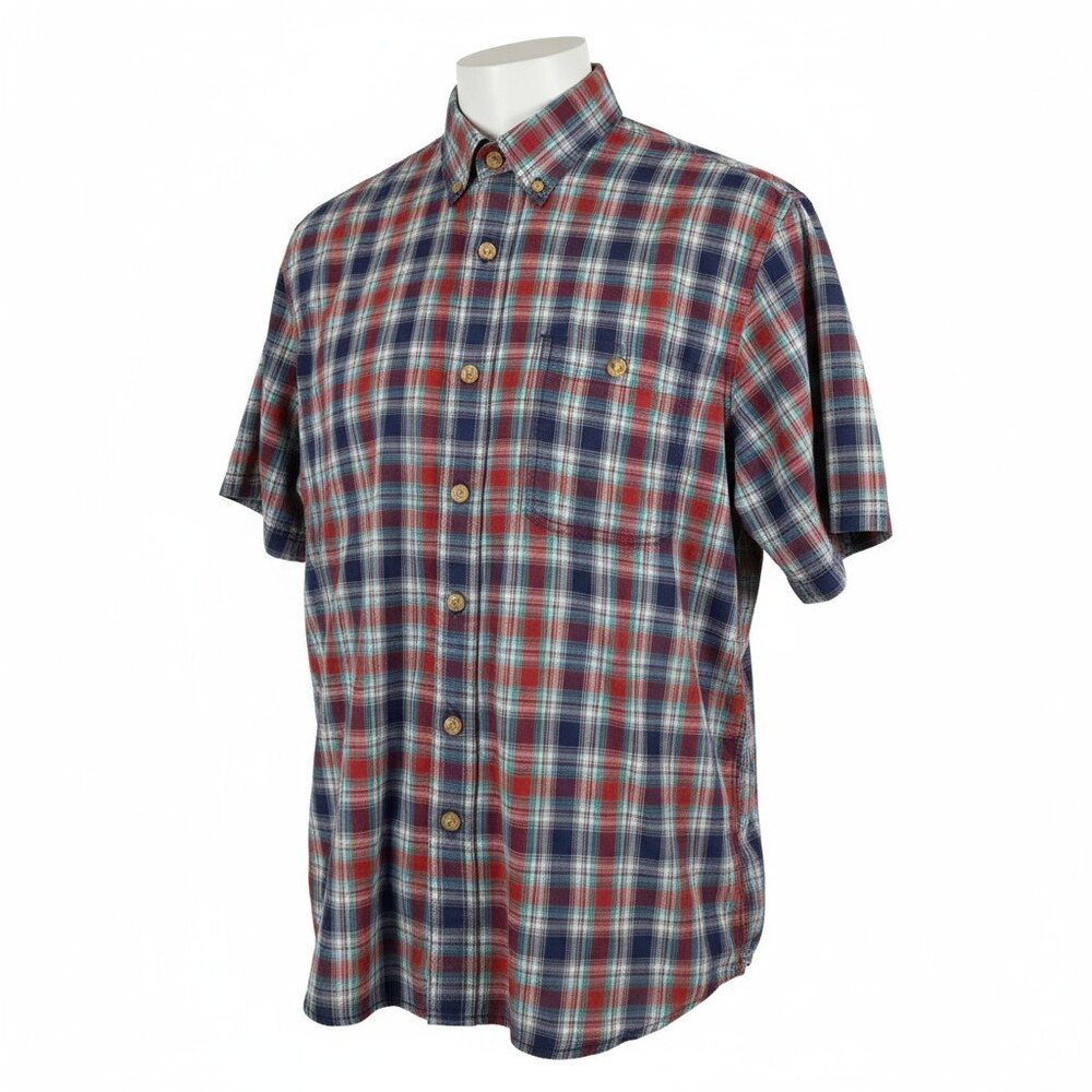 Duluth Trading Co Men's XL Armachillo Short Sleeve Plaid Shirt Red/Blue/Orange